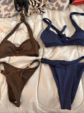 Ribbed High-Cut Bikini Set - Navy and Brown
